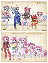 Size: 3106x4096 | Tagged: safe, artist:shepherd0821, pinkie pie, anthro, cat, earth pony, human, pony, semi-anthro, anthro chart, anthro with ponies, clothes, crossover, humanized, lego, socks, species swap, striped socks, the lego movie, unikitty