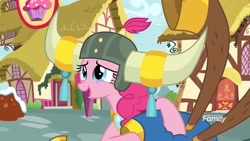 Size: 1920x1080 | Tagged: safe, screencap, pinkie pie, pony, yakity-sax, helmet, honorary yak horns, horned helmet, solo, viking helmet, yovidaphone