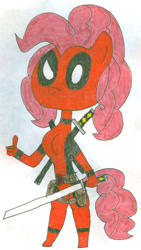 Size: 596x1058 | Tagged: safe, artist:sithvampiremaster27, pinkie pie, anthro, earth pony, deadpool, pink mane, pink tail, simple background, solo, sword, thumbs up, weapon, white background