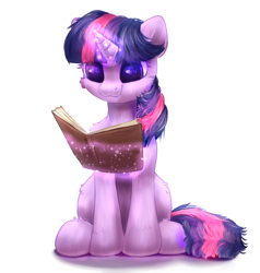 Size: 2000x2100 | Tagged: safe, artist:peachmayflower, twilight sparkle, book, cheek fluff, fluffy, glowing horn, heart eyes, levitation, magic, messy mane, reading, simple background, solo, telekinesis, white background, wingding eyes