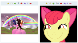 Size: 434x243 | Tagged: safe, apple bloom, daybreaker, princess luna, alicorn, pony, derpibooru, faic, five nights at freddy's, funtime foxy, juxtaposition, meta, rainbows, sister location, wat