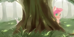 Size: 1280x640 | Tagged: safe, artist:dreamsugar, angel bunny, fluttershy, pegasus, pony, female, forest, grass, hiding, looking at you, mare, smiling, solo, tree