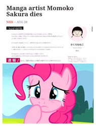 Size: 3106x4096 | Tagged: safe, pinkie pie, earth pony, pony, the maud couple, crying, japanese, news, obligatory pony, sad