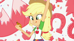 Size: 1920x1080 | Tagged: safe, screencap, applejack, better together, equestria girls, cookie, cute, food, geode of super strength, intro, jackabetes, opening theme, tongue out