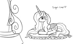 Size: 1024x601 | Tagged: safe, artist:sugar-loop, princess celestia, alicorn, pony, atg 2020, black and white, crying, female, folded wings, grayscale, implied sunset shimmer, magic mirror, mare, monochrome, newbie artist training grounds, prone, sad, signature, solo, wings