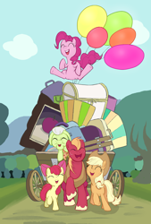 Size: 1560x2304 | Tagged: safe, artist:noupu, apple bloom, applejack, big macintosh, granny smith, pinkie pie, earth pony, pony, pinkie apple pie, apple family, apples to the core, balloon, bow, chest, female, luggage, male, mare, picture, scene interpretation, stallion, wagon