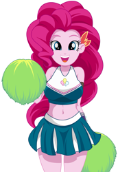 Size: 1107x1607 | Tagged: safe, artist:rosemile mulberry, pinkie pie, equestria girls, belly button, breasts, cheerleader, cheerleader pinkie, clothes, cute, diapinkes, female, happy, looking at you, midriff, miniskirt, pinkie pies, pleated skirt, pom pom, simple background, skirt, smiling, solo, sports bra, white background