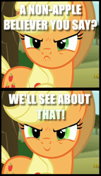 Size: 516x900 | Tagged: safe, applejack, earth pony, pony, >:), apple, at first i was like but then i was like, bronybait, evil, evil grin, eye glow, happy, image macro, inverted mouth, join the herd, meme, smiling, smirk, that pony sure does love apples, this will not end well