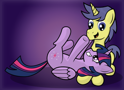 Size: 5500x4000 | Tagged: safe, artist:moonlightfan, derpibooru import, comet tail, twilight sparkle, twilight sparkle (alicorn), alicorn, pony, cometlight, male, on back, shipping, straight