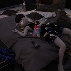 Size: 2000x2000 | Tagged: safe, artist:tahublade7, octavia melody, anthro, plantigrade anthro, 3d, alcohol, armpits, barefoot, bed, bored, bracelet, chips, daz studio, eating, feet, food, glass, graceful, high heels, jewelry, majestic as fuck, nail polish, not sfm, pillow, potato chips, shoes, solo, tired, wine, wine glass