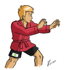 Size: 748x700 | Tagged: safe, artist:netcyber, big macintosh, human, 2010s, 2012, clothes, determined, freckles, gym shorts, humanized, male, martial arts, my little asskicker, red belt, robe, sambo, serious, shorts, simple background, solo, sports shorts, white background