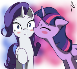 Size: 1000x900 | Tagged: safe, artist:acesrockz, derpibooru import, rarity, twilight sparkle, twilight sparkle (alicorn), alicorn, pony, unicorn, blushing, eyes closed, female, kiss on the cheek, kissing, lesbian, mare, raised hoof, rarilight, shipping, surprised