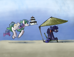 Size: 3300x2550 | Tagged: safe, artist:th3ipodm0n, princess celestia, princess luna, alicorn, pony, alternate hairstyle, beach, beach chair, beach umbrella, cake, cakelestia, clothes, duo, female, folded wings, food, luna is not amused, mare, mood contrast, mouth hold, outdoors, prancing, royal sisters, shirt, siblings, sisters, sitting, smiling, unamused, vacation, varying degrees of amusement, wings