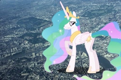 Size: 900x599 | Tagged: safe, artist:byteslice, artist:princesslunayay, princess celestia, alicorn, pony, britain, buckingham palace, city, deviantart watermark, england, female, giant ponies in real life, giant pony, giantess, giantlestia, highrise ponies, hyde park, irl, london, macro, mega celestia, mega giant, obtrusive watermark, photo, ponies in real life, scared, solo, tiny city, united kingdom, watermark