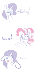 Size: 1280x2552 | Tagged: safe, artist:heir-of-rick, pinkie pie, rarity, earth pony, pony, unicorn, :t, blushing, cute, darling, eyes closed, female, floppy ears, looking away, mare, no u, oh stop it you, oh you, open mouth, pointing, raised hoof, simple background, sketch, smiling, white background