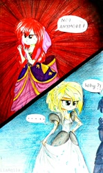 Size: 2122x3572 | Tagged: safe, artist:liaaqila, apple bloom, applejack, comic:the farm princesses, equestria girls, cinderella, clothes, disney, dress, gloves, gown, hennin, speech bubble, traditional art, wet