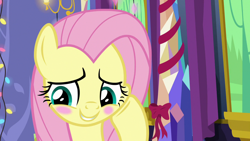 Size: 1280x720 | Tagged: safe, screencap, fluttershy, pegasus, pony, best gift ever, blushing, cute, female, mare, raised hoof, shyabetes, solo