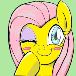 Size: 480x480 | Tagged: safe, artist:tastyrainbow, fluttershy, pegasus, pony, blushing, cute, early concept, happy, one eye closed, wink