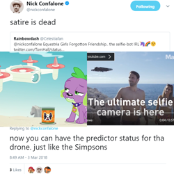 Size: 2048x2048 | Tagged: safe, spike, spike the regular dog, dog, human, better together, equestria girls, forgotten friendship, comparison, dog food, hilarious in hindsight, irl, irl human, meta, nick confalone, photo, selfie drone, text, the simpsons, twitter