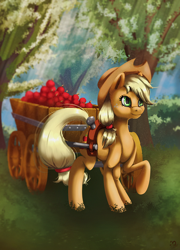 Size: 1000x1387 | Tagged: safe, artist:xaneas, applejack, earth pony, pony, apple, cart, cowboy hat, female, food, freckles, hat, raised hoof, smiling, solo, stetson, tree