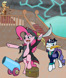 Size: 3000x3500 | Tagged: safe, artist:bennimarru, derpibooru exclusive, applejack, pinkie pie, rarity, earth pony, pony, unicorn, bandana, belly button, bipedal, dagger, hat, knife, lidded eyes, lightning, ocean, one eye closed, open mouth, party cannon, pirate, pirate costume, pirate hat, pirate ship, rain, ripped outfit, rolled up sleeves, smiling, squint, sword, treasure chest, weapon