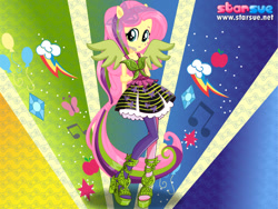 Size: 800x600 | Tagged: safe, artist:user15432, fluttershy, human, equestria girls, rainbow rocks, clothes, dressup, high heels, humanized, leggings, ponied up, pony ears, rainbow hair, rock and roll, rock star, shoes, starsue, winged humanization, wings