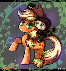 Size: 2800x3000 | Tagged: safe, artist:aloubell, applejack, human, chibi, hat, pony ride, raised hoof