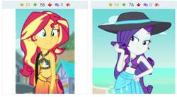 Size: 800x443 | Tagged: safe, screencap, rarity, sunset shimmer, better together, equestria girls, forgotten friendship, beach, bikini, clothes, derpibooru, juxtaposition, meta, swimsuit