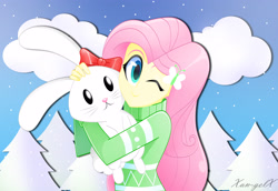 Size: 3264x2248 | Tagged: safe, artist:xan-gelx, angel bunny, fluttershy, equestria girls, clothes, cloud, female, one eye closed, sky, snow, snow-covered tree, sweater, tree