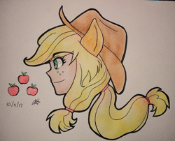 Size: 3001x2420 | Tagged: safe, artist:aloubell, applejack, human, bust, eared humanization, hat, humanized, ponytail, portrait, solo, traditional art