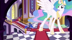 Size: 1024x577 | Tagged: safe, artist:90sigma, artist:princesslunayay, artist:vector-brony, princess celestia, princess luna, alicorn, pony, architecture, attack on pony, canterlot, canterlot castle, castle, deviantart watermark, female, giant pony, giantess, giantlestia, growth, interior, macro, mare, nervous, obtrusive watermark, royal sisters, siblings, sisters, size difference, stairs, surprised, watermark