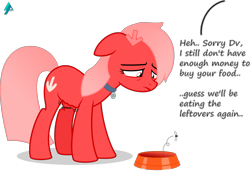 Size: 2469x1687 | Tagged: safe, artist:arifproject, oc, oc only, oc:downvote, pony, collar, derpibooru, derpibooru ponified, food bowl, hungry, meta, pet tag, ponified, pony pet, sad, simple background, solo, stomach growl, text, transparent background, vector