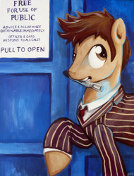 Size: 600x789 | Tagged: safe, artist:milesofcrochet, doctor whooves, earth pony, pony, clothes, doctor who, male, mouth hold, solo, sonic screwdriver, stallion, suit, tardis, tenth doctor