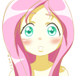 Size: 750x750 | Tagged: safe, artist:tastyrainbow, fluttershy, equestria girls, bare shoulder portrait, bare shoulders, big eyes, blushing, bust, cute, implied nudity, looking at you, pink hair, portrait