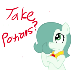 Size: 1500x1406 | Tagged: safe, artist:ficficponyfic, edit, oc, oc only, oc:emerald jewel, earth pony, pony, amulet, child, color, colored, colt, colt quest, cyoa, femboy, foal, hair over one eye, male, question mark, simple background, solo, story included, thinking, vector, white background