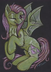 Size: 3706x5163 | Tagged: safe, artist:gleamydreams, fluttershy, bat pony, bat ponified, bat wings, fangs, female, flutterbat, looking at you, mare, one eye closed, race swap, solo, spread wings, tongue out, traditional art, wings, wink