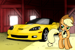 Size: 1024x686 | Tagged: safe, artist:dyani-yahto, applejack, earth pony, pony, barn, car, car keys, chevrolet, chevrolet corvette, corvette c6, cowboy hat, hat, mouth hold, solo, stetson