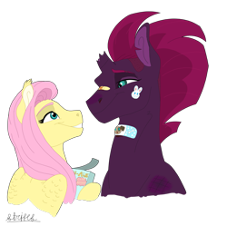 Size: 2059x2048 | Tagged: safe, artist:stripesthegriff, fluttershy, tempest shadow, pegasus, pony, unicorn, bandaid, broken horn, bruised, female, horn, lesbian, shipping, tempestshy