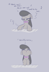 Size: 1500x2200 | Tagged: safe, artist:heir-of-rick, octavia melody, earth pony, pony, awoo, bowtie, coldplay, comic, dialogue, eyes closed, female, gray background, mare, music notes, piano, simple background, singing, solo, song reference, the scientist