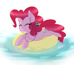 Size: 1280x1138 | Tagged: safe, artist:dippin-dott, pinkie pie, earth pony, pony, chest fluff, cute, female, floating, inner tube, iphone, mare, prone, smiling, solo