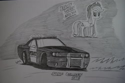 Size: 1936x1296 | Tagged: safe, artist:ricky47, applejack, earth pony, pony, apple, bumper sticker, car, cowboy hat, crossover, dodge (car), dodge challenger, dodge challenger srt8, drifting, female, food, freckles, hat, monochrome, need for speed, need for speed: hot pursuit, police, police car, sheriff, sheriffjack, sketch, solo, stetson, traditional art