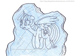 Size: 1024x754 | Tagged: safe, artist:artistnjc, derpibooru import, twilight sparkle, twilight sparkle (alicorn), alicorn, pony, cross-eyed, frozen, ice, newbie artist training grounds, simple background, solo, spread wings, traditional art, wings