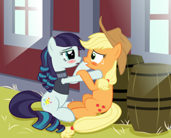 Size: 3322x2682 | Tagged: safe, artist:oshitsukiryuu, applejack, coloratura, earth pony, pony, barn, barrel, blushing, bottomless, clothes, cowboy hat, duo, female, hat, hay, imminent kissing, lesbian, looking at each other, open mouth, partial nudity, rara, rarajack, shipping, stetson, window