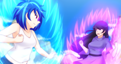 Size: 1280x683 | Tagged: safe, artist:jonfawkes, dj pon-3, octavia melody, vinyl scratch, human, anime, armpits, clothes, commission, crossover, dragon ball z, female, fight, humanized, looking at each other, open mouth, smiling, sunglasses, tumblr