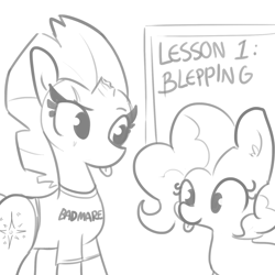 Size: 1280x1280 | Tagged: safe, artist:tjpones, fizzlepop berrytwist, pinkie pie, tempest shadow, earth pony, pony, unicorn, :p, broken horn, clothes, cute, diapinkes, dragon ball z, duo, female, mare, monochrome, reference, shirt, silly, tjpones is trying to murder us, tongue out