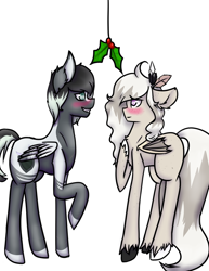 Size: 600x776 | Tagged: safe, artist:blacksky1113, oc, oc only, oc:ghost rose, oc:spirit walker, bat pony, pegasus, pony, blushing, couple, holly, holly mistaken for mistletoe, simple background, white background