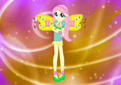 Size: 1024x722 | Tagged: safe, artist:gouhlsrule, artist:user15432, fluttershy, equestria girls, alternate hairstyle, believix, clothes, crossover, element of kindness, fairy, fairy wings, fingerless gloves, gloves, hairstyle, hasbro, hasbro studios, high heels, rainbow s.r.l, shoes, winged humanization, wings, winx club, yellow wings