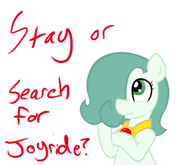 Size: 1500x1406 | Tagged: safe, artist:ficficponyfic, edit, oc, oc only, oc:emerald jewel, earth pony, pony, amulet, child, color, colored, colt, colt quest, cyoa, femboy, foal, hair over one eye, male, question mark, simple background, solo, story included, thinking, vector, white background