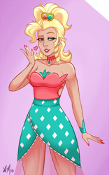 Size: 700x1125 | Tagged: safe, artist:emberfan11, applejack, human, alternate hairstyle, applejewel, choker, clothes, dress, eyeshadow, female, freckles, heart, humanized, lipstick, makeup, nail polish, smiling, solo