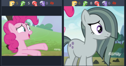 Size: 1231x652 | Tagged: safe, derpibooru import, screencap, marble pie, pinkie pie, earth pony, pony, the maud couple, cropped, derpibooru, juxtaposition, meta